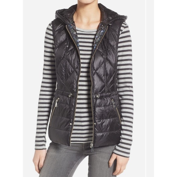 Bernardo Reversible Down Hooded Black Floral Puffer Vest Sz 14 Lightweight - Picture 1 of 13